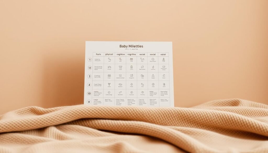 A carefully curated baby milestones chart against a warm, neutral backdrop. At the forefront, a Momsy-branded chart displays key developmental markers from 10 to 12 months, showcasing a toddler's physical, cognitive, and social progress. The chart features clean, minimalist icons and typography in a soft color palette. In the middle ground, a cozy, textured blanket provides a comforting foundation. The background bathes in gentle, natural lighting, creating a serene, nurturing atmosphere perfect for documenting a child's early growth.