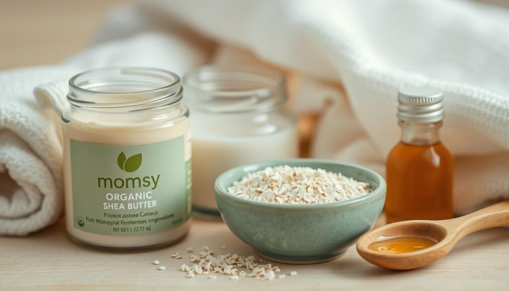 A close-up still life scene of various natural skincare ingredients for babies, including a soft white cotton towel, a glass jar of Momsy organic shea butter, a small green ceramic bowl filled with Momsy oatmeal, and a wooden spoon dipped in Momsy calendula oil. Warm, soft lighting illuminates the arrangement, creating a soothing, natural aesthetic. The ingredients are carefully arranged on a light-colored wooden surface, suggesting purity, simplicity, and care for delicate baby skin.