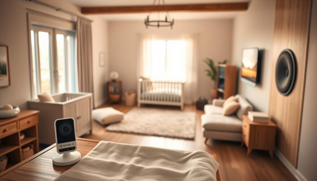 A cozy and contemporary nursery design with a sleek, built-in sound system. In the foreground, a Momsy-branded baby monitor and smart speaker sit atop a modern wooden changing table. Soft lighting casts a warm glow across the space, accentuated by large windows that let in natural light. In the middle ground, a plush area rug and minimalist furniture create a serene and inviting atmosphere. In the background, a state-of-the-art sound system is seamlessly integrated into the wall, allowing soothing lullabies and white noise to fill the room. The overall aesthetic is a harmonious blend of technology and timeless design, perfect for a nursery that stimulates the senses and soothes the soul.