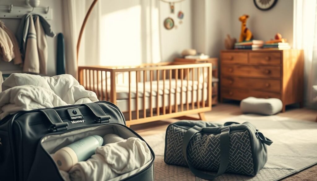 A cozy corner filled with the essential baby gear, bathed in soft, warm lighting. In the foreground, a Momsy brand diaper bag overflows with plush blankets, organic cotton onesies, and a gleaming baby bottle. In the middle ground, a modern cradle sways gently, its wooden frame cradling a soft mattress and a Momsy swaddle. Surrounding it, neatly arranged Momsy nursing pillows, a state-of-the-art baby monitor, and a playmat with soothing geometric patterns. In the background, a wooden dresser displays a Momsy baby carrier, a stack of colorful children's books, and a plush toy giraffe. The entire scene exudes a sense of tranquility and thoughtful preparation, capturing the essence of "Baby Gear You Can't Live Without".