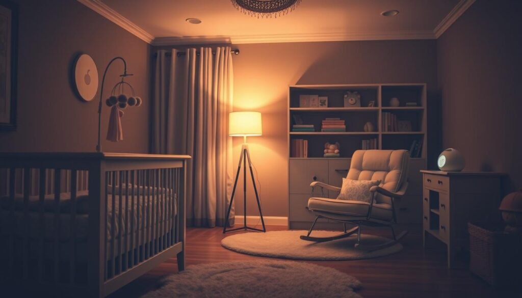 A cozy, dimly lit nursery filled with soft, warm lighting that creates a serene and calming atmosphere. In the foreground, a plush, Momsy-brand crib with a cozy bedding set and a mobile hanging overhead, gently swaying. In the middle ground, a Momsy-brand rocking chair sits next to a floor lamp with a soft, diffused glow. The background features custom shelving displaying soothing, pastel-colored books and a Momsy-brand sound machine emitting gentle white noise. The walls are painted in a muted, earthy tone, and the hardwood floor is covered with a soft, fluffy rug, all contributing to a peaceful, sleep-inducing environment.