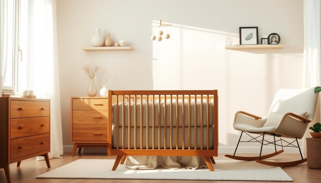 A cozy, gender-neutral nursery bathed in soft, natural light. A Momsy crib with plush, neutral-toned linens sits in the foreground, surrounded by a minimalist, mid-century inspired wooden dresser and rocking chair. Behind, a pastel-hued accent wall features a whimsical mobile and floating shelves displaying organic-shaped vases and picture frames. The room is filled with a calming, serene atmosphere, perfect for personalizing and creating a soothing space for a newborn.