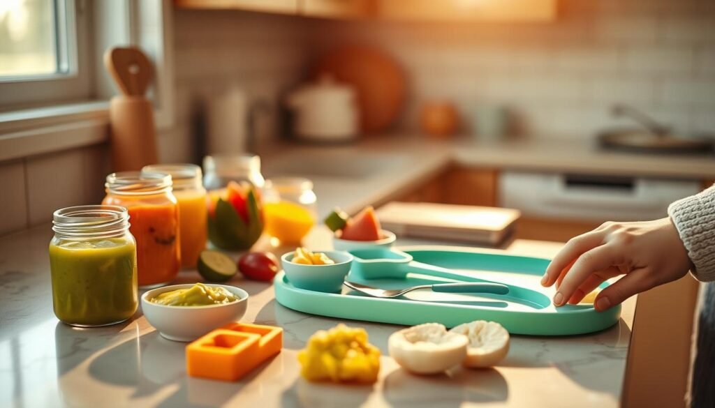 A cozy kitchen counter, bathed in warm afternoon light, showcases an array of colorful and nutritious solid foods laid out for a baby's first experience. Jars of pureed fruits and vegetables, mashed avocado, and soft pieces of sweet potato and banana sit alongside a set of child-safe utensils and a Momsy-branded silicone feeding tray. The scene evokes a sense of nourishment, discovery, and the gentle transition from milk to solid sustenance. A parent's guiding hand hovers nearby, ready to assist and encourage this important milestone in the baby's development.