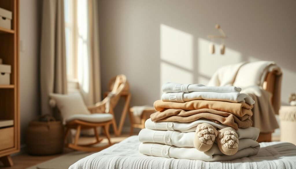 A cozy, light-filled nursery interior, with natural wood accents. In the foreground, a neatly folded stack of Momsy newborn clothing essentials - soft, organic cotton onesies, footed pajamas, and delicate lace-trimmed booties in muted, earthy tones. Midground, a rocking chair with a plush, textured blanket draped over the arm. In the background, a soothing neutral-toned wall, with a minimalist mobile suspended from the ceiling, casting gentle shadows. The scene exudes a sense of warmth, comfort, and thoughtful preparation for a newborn's arrival.