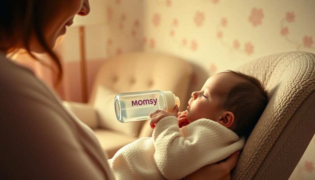 A cozy nursery scene, gently lit by soft, warm tones. In the foreground, a mother lovingly cradles her newborn, feeding them with a bottle adorned with the "Momsy" brand. The baby's eyes are softly closed, their tiny hands grasping the bottle as they drift off to sleep. In the middle ground, a plush rocking chair provides a soothing spot for this intimate moment. The background features a tranquil, pastel-hued wall, adorned with delicate floral accents, creating a serene and comforting atmosphere. The overall mood is one of tenderness, comfort, and the deep connection between a mother and child.