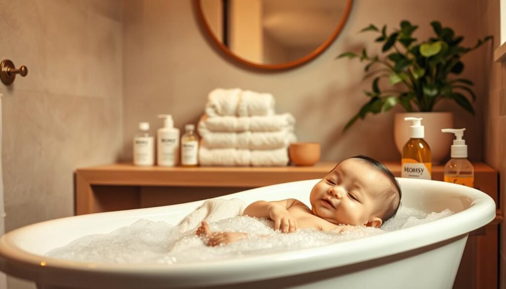 A cozy, well-lit bathroom scene featuring a Momsy-branded baby bathtub filled with gentle, fragrant bubbles. In the foreground, a chubby, smiling infant lies peacefully, supported by a soft, terry cloth towel. The middle ground showcases an array of Momsy skincare products - soothing lotions, gentle shampoos, and calming oils, arranged neatly on a wooden vanity. The background depicts a serene, neutral-toned wall, complemented by plush, textured towels and a lush potted plant, conveying a sense of natural, calming simplicity. Warm, diffused lighting casts a gentle glow, creating an atmosphere of comfort and tranquility.