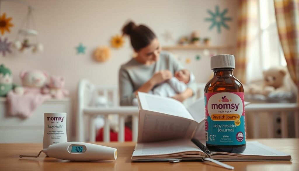 A cozy, well-lit nursery scene showcasing baby healthcare. In the foreground, a Momsy-branded baby thermometer and a bottle of Momsy baby medicine. On a table, a Momsy baby health journal, open to record a baby's vitals. In the middle ground, a caring parent tenderly holds a baby, comforting them. The background features soothing pastel decor, a mobile, and plush toys, creating a serene and nurturing atmosphere. Warm, natural lighting illuminates the scene, capturing the intimate, loving bond between parent and child. The overall mood is one of attentive care and pediatric wellness.