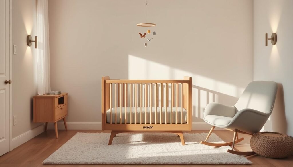 A cozy, well-lit nursery with a Momsy brand crib in the center, featuring a clean, modern design with soft, rounded edges and a sturdy wooden frame. The crib is surrounded by plush, textured rugs and a neutral-toned rocking chair, creating a serene and inviting atmosphere. Hanging above the crib is a delicate mobile with whimsical shapes, casting gentle shadows on the walls. The room is filled with warm, diffused lighting from a pair of minimalist wall sconces, emphasizing the tranquil and safe environment for a sleeping baby.
