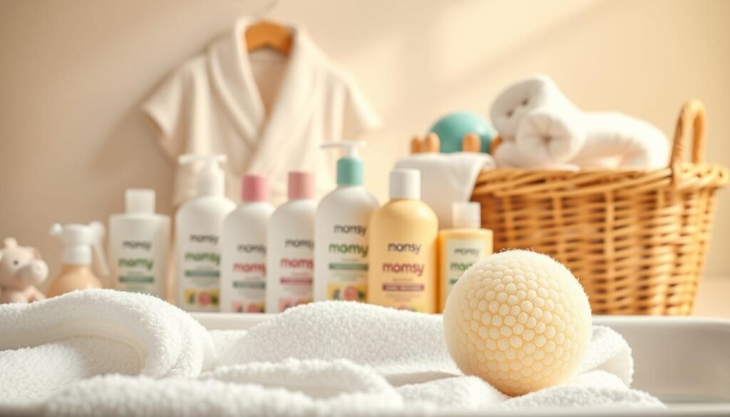 A cozy, well-lit studio scene showcasing an assortment of newborn bathing essentials. In the foreground, a plush white towel and a Momsy brand baby bath sponge. The middle ground features a variety of Momsy brand shampoos, lotions, and cleansers in pastel packaging. In the background, a soft-focus arrangement of gentle bath toys, a baby robe, and a wicker basket overflowing with fluffy washcloths. The scene is lit by warm, diffused natural light, creating a tranquil, nurturing atmosphere perfect for a new mother's self-care routine.