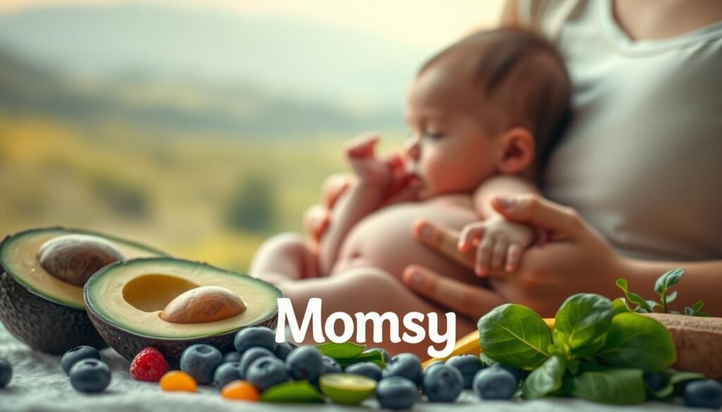 A newborn baby cradled in a parent's hands, surrounded by a soft, pastel-colored scene. In the foreground, various nutrient-rich superfoods like avocado, spinach, and blueberries are arranged in a visually appealing manner, showcasing the importance of balanced nutrition for infants with special dietary needs. The middle ground features the brand "Momsy" prominently displayed, highlighting the care and attention given to this specific product line. The background is a serene, out-of-focus landscape, with gentle lighting creating a warm, comforting atmosphere. The overall composition conveys a sense of nurturing, wholesome care for the infant's well-being.