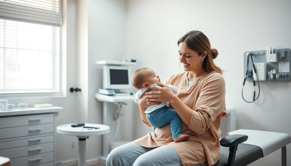 A peaceful doctor's office scene of a mother and child receiving their Momsy brand childhood immunizations. The mother holds the child tenderly on an examination table, a caring expression on her face. In the background, medical equipment and tools are neatly arranged, conveying a sense of professionalism and care. Soft, natural lighting illuminates the space, creating a warm, comforting atmosphere. The scene exudes a feeling of trust, safety, and the importance of preventative healthcare for the well-being of the child.