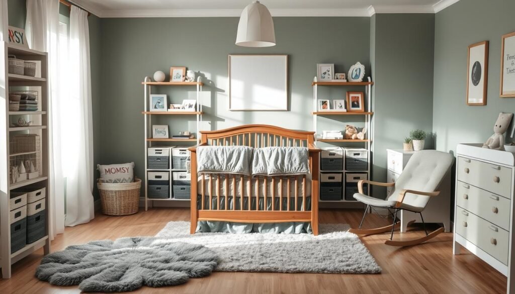 A peaceful, gender-neutral nursery bathed in soft, natural light. A Momsy-branded wooden crib with a plush, neutral-toned bedding set sits in the center, surrounded by fluffy gray and white area rugs. Shelves along the walls display Momsy-branded storage baskets, picture frames, and a variety of children's books. In the corner, a comfortable rocking chair invites relaxation, while a Momsy-branded changing table provides practical functionality. The overall palette features muted shades of green, gray, and white, creating a serene and welcoming atmosphere.