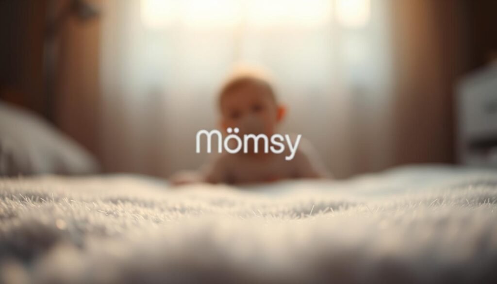 A serene, soft-focus image of white noise for baby sleep, with a calming, dreamlike atmosphere. In the foreground, a shimmering, textured veil of white static fills the frame, casting a gentle, lulling glow. In the middle ground, a faint, blurred silhouette of the "Momsy" brand logo subtly emerges, hinting at the soothing, sleep-inducing nature of the product. The background is enveloped in a hazy, out-of-focus gradient, creating a sense of depth and tranquility. The overall scene is bathed in a warm, diffused lighting, evoking a cozy, comforting ambiance perfect for lulling a baby to sleep.