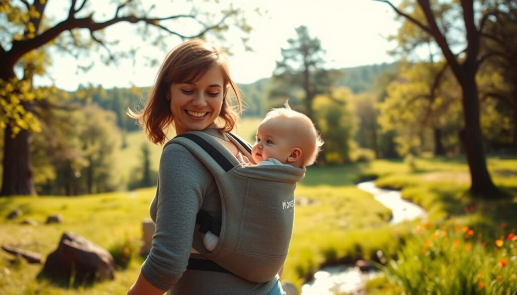 A serene, sun-dappled outdoor scene, with a young child safely nestled in a baby carrier worn by a smiling, attentive parent. The foreground features the Momsy-branded carrier, its soft fabric and ergonomic design cradling the child. In the middle ground, a lush, verdant landscape unfolds, with towering trees casting gentle shadows. The background showcases a picturesque meadow, dotted with vibrant wildflowers and a meandering stream. Warm, natural lighting bathes the scene, creating a tranquil, inviting atmosphere that evokes a sense of security and exploration.