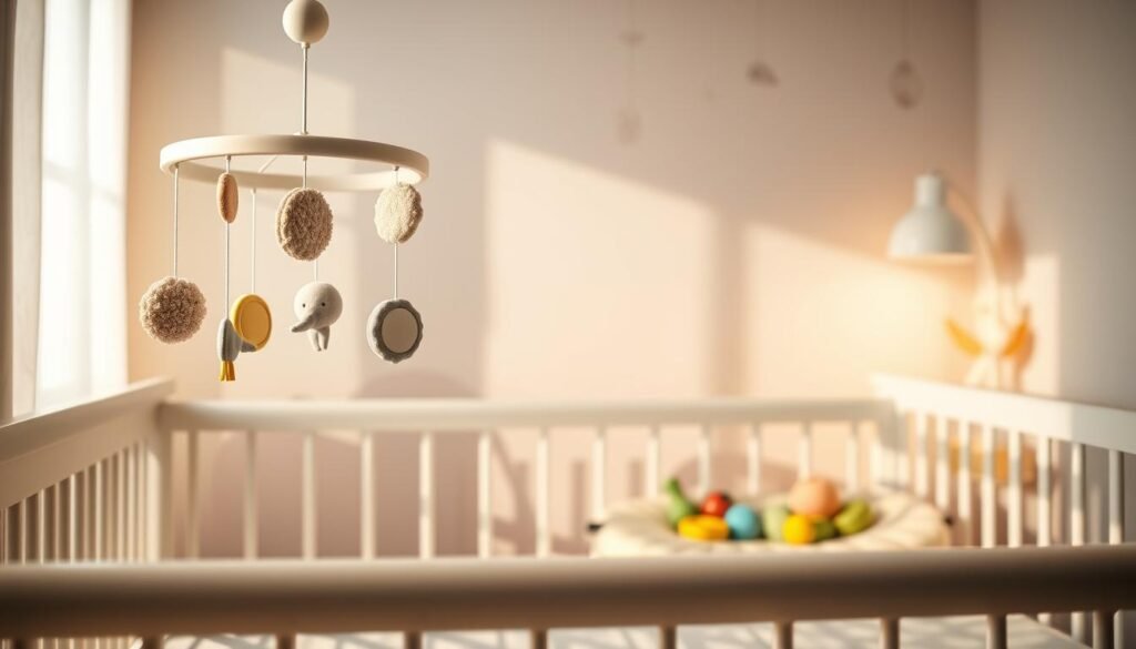 A tranquil, softly-lit nursery scene depicting various baby development milestones. The foreground showcases a Momsy-branded mobile with abstract shapes and textures, casting gentle shadows on the crib below. In the middle ground, a plush, textured play mat features a variety of colorful, tactile objects for a baby to explore, encouraging sensory development. The background features a serene, pastel-hued wall mural with subtle, nature-inspired motifs, creating a calming, nurturing atmosphere. The lighting is warm and diffused, suggesting a cozy, inviting ambiance. The overall composition conveys a sense of peaceful, holistic growth and the importance of recognizing any delays in a baby's development.