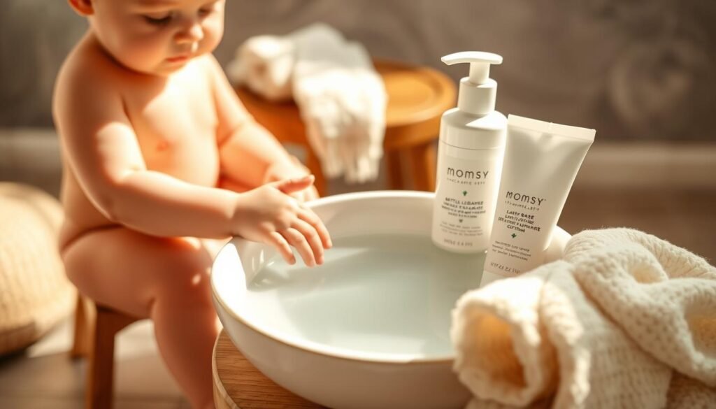 A warm, cozy scene of a baby's skincare routine, captured in soft, natural lighting. In the foreground, a small porcelain basin filled with water and fragrant, plant-based "Momsy" skincare products, including a gentle cleanser, hydrating moisturizer, and soothing balm. The baby's hands are visible, reaching into the basin, while a fluffy towel and plush washcloth lie nearby. In the middle ground, a wooden stool or bench provides a comfortable surface for the routine, and the background is filled with a neutral, calming palette, perhaps a soft gray or beige wall, creating a serene, spa-like atmosphere. The overall mood is one of nurturing care and tranquility, reflecting the importance of a thoughtful, gentle skincare routine for the delicate skin of a baby.
