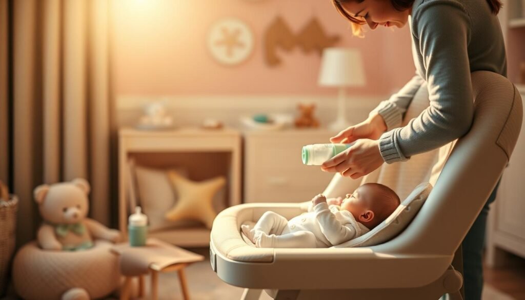 A warm, tender scene of a mother gently holding her newborn baby in a softly lit nursery. The room is cozy, with warm colors, a crib in the background, soft toys on shelves, and a night lamp casting a golden glow. The mother looks lovingly at the baby, wrapped in a soft blanket. The atmosphere feels peaceful and intimate, full of love and comfort.