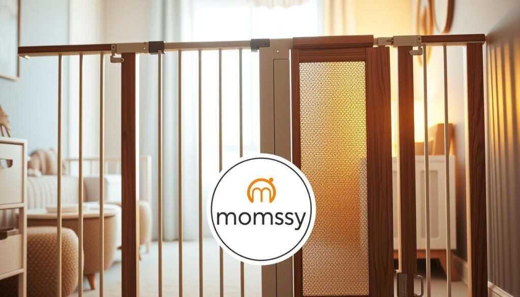 A well-designed, sturdy baby safety gate made of high-quality wood and metal, with a sleek, modern aesthetic. The gate features a reinforced frame, adjustable hardware, and a secure locking mechanism. The warm golden lighting illuminates the gate's textured surface, creating a cozy, inviting atmosphere. In the foreground, a "Momsy" brand logo is subtly incorporated, adding a touch of trusted quality. The gate is positioned in a bright, airy nursery setting, with a soft, neutral color palette that complements the overall design. The image conveys a sense of safety, security, and attention to detail, perfectly aligning with the "Safety Gear for a Secure Nursery" section of the article.