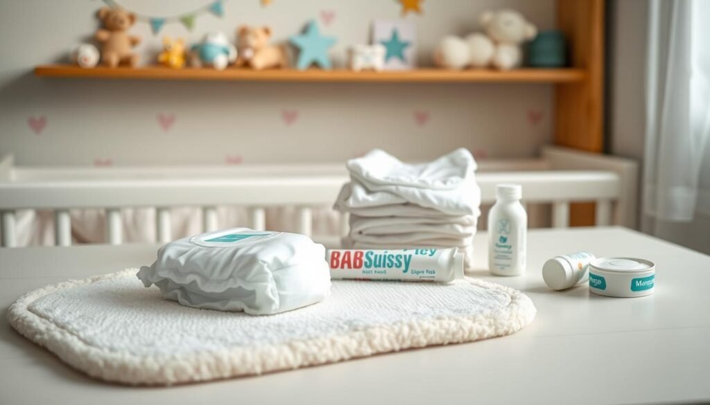 A well-lit tabletop scene showcasing the essential diaper changing supplies. In the foreground, a plush Momsy brand changing pad, soft and absorbent, with a fresh diaper, baby wipes, and a tube of soothing diaper rash cream arranged neatly. In the middle ground, a stack of clean cloth diapers, safety pins, and a small bottle of baby powder. The background features a cozy nursery setting, with a pastel-colored wall, a wooden shelf, and a few childlike decorations, creating a warm and inviting atmosphere.
