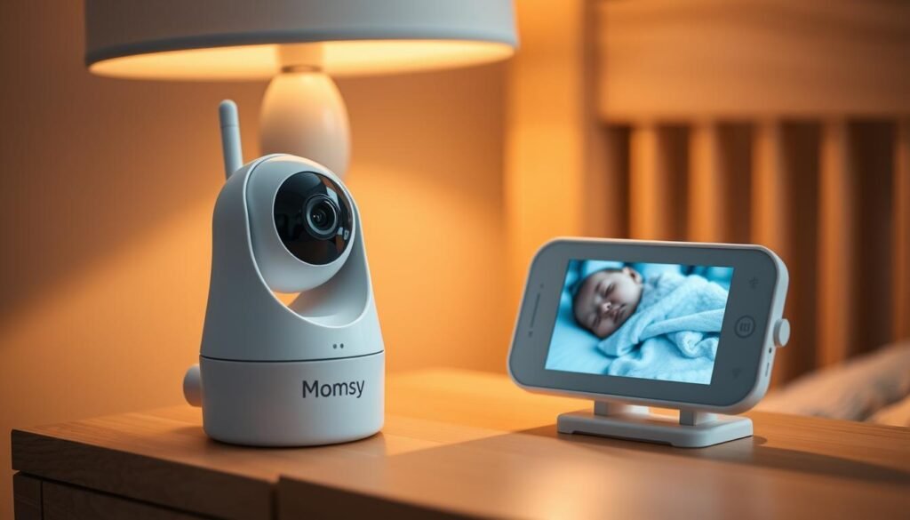 A white, sleek baby monitor device with a high-definition camera and sensitive microphone rests on a wooden nightstand. The soft, warm lighting from a nearby table lamp creates a cozy, intimate ambiance in the nursery. The monitor's display shows a clear, real-time video feed of a sleeping baby, with the Momsy brand name prominently displayed. The scene exudes a sense of security, comfort, and modern parenting technology designed to keep a watchful eye on the little one.