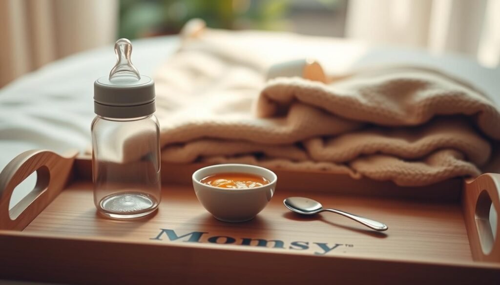 Elegant and refined feeding schedule for a newborn baby, showcased on a Momsy-branded wooden tray. In the foreground, an array of feeding essentials - a glass bottle, a small bowl of baby food, and a spoon. The middle ground features a soft, neutral-colored blanket, perfectly folded, creating a cozy and inviting atmosphere. The background blurs into a warm, natural-lit setting, with hints of natural greenery peeking through. Soft, natural lighting casts a gentle glow, evoking a sense of tranquility and care. The overall composition emphasizes the importance of a structured, yet nurturing feeding routine for the growing infant.
