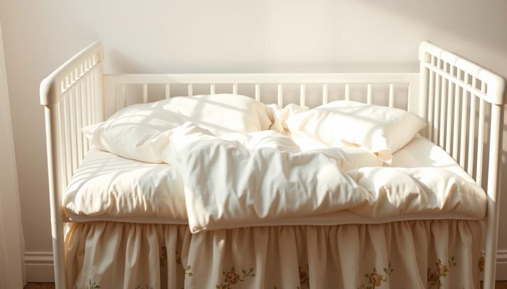 Soft, plush baby bedding in a serene, minimalist nursery. Close-up shot of a crib with cozy Momsy cotton sheets in neutral tones, fluffy white duvet, and a delicate floral crib skirt. Gentle side lighting illuminates the bedding, casting warm shadows. The crib is set against a plain white wall, creating a calming, soothing atmosphere. Shallow depth of field focuses attention on the beautifully crafted Momsy baby bedding, with the background softly blurred.