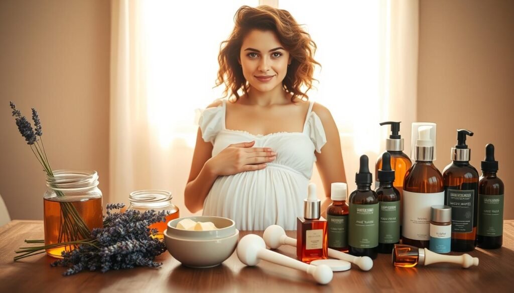 A beautifully lit, sun-drenched still life of pregnancy-safe skincare products arranged elegantly on a wood-grain table. In the center, a radiant young woman with curly brown hair and a glowing complexion, wearing a soft white sundress, gazes serenely at the camera, her hands gently resting on her subtly rounded abdomen. The foreground features an array of natural, botanical-inspired items - a glass jar of pure honey, a bundle of fresh lavender, a ceramic dish of shea butter, and a delicate porcelain face roller. The middle ground showcases a selection of luxurious, clean-ingredient facial oils, creams, and serums in amber and cobalt-blue bottles. The background is filled with a warm, golden light, evoking a sense of tranquility and inner peace.