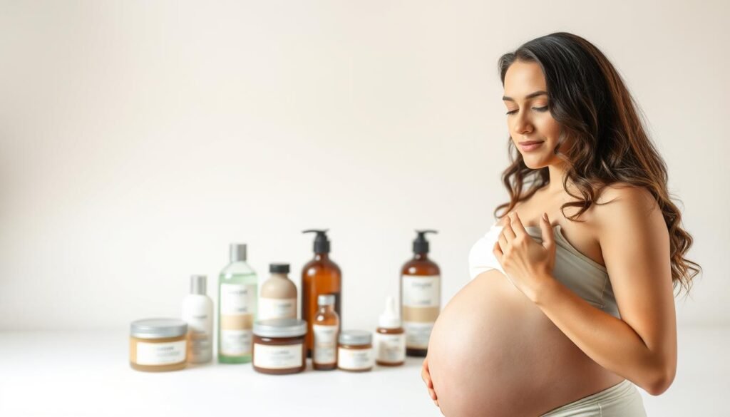 A clean, well-lit studio setting featuring an assortment of fragrance-free skincare products against a soft, neutral background. In the foreground, a young, curvy pregnant woman with a glowing complexion gently applies a moisturizer to her skin, showcasing the soothing, sensitive-friendly nature of the products. The middle ground includes a variety of bottles, jars, and tubes in muted, earthy tones, conveying a sense of natural, gentle formulations. The background is slightly blurred, creating a calm, serene atmosphere that emphasizes the purity and simplicity of the featured items. Soft, diffused lighting from multiple angles gently illuminates the scene, lending a warm, inviting ambiance.