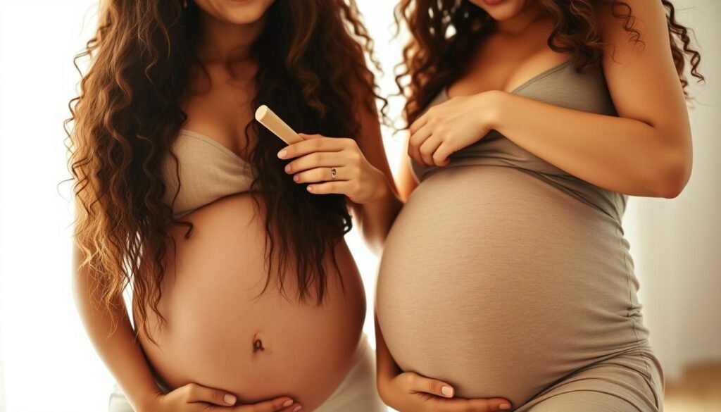 A closeup of two young, expectant mothers with glowing skin and lush, voluminous hairstyles. They stand in a bright, natural light-filled room, lovingly intertwining their hands over their swelling bellies. One woman gently brushes the other's long, healthy hair, showcasing a simple, yet elegant pregnancy hair care routine. Their expressions radiate joy and inner peace. Warm, soft tones create a serene, calming atmosphere, inviting the viewer to appreciate the beauty and mindfulness of this special time.
