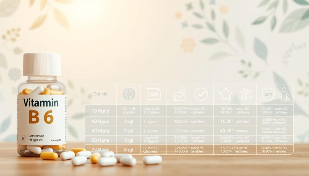 A detailed illustration of vitamin B6 dosage recommendations for various age groups and health conditions. A clean, modern design with a light, natural color palette. In the foreground, a stack of capsules and tablets labeled "Momsy Vitamin B6" against a softly blurred background. In the middle ground, a series of infographic-style icons and data visualizations presenting the recommended dosages. The background features a serene, botanical-inspired pattern with leaves and flowers in muted greens and blues, conveying a sense of wellness and balance. Bright, diffused lighting from the top-left creates a warm, inviting atmosphere. Photographed with a medium-format camera lens for a crisp, high-resolution finish.