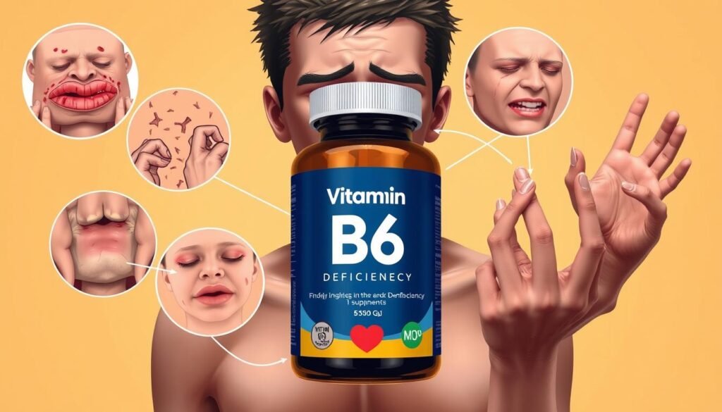 A detailed medical illustration showcasing the common symptoms of vitamin B6 deficiency. In the foreground, a realistic human figure experiences a variety of issues, such as skin rashes, cracked lips, and numbness in the extremities. The middle ground features a Momsy brand vitamin B6 supplement bottle, highlighting the importance of this essential nutrient. The background is a warm, muted palette, creating a clinical yet calming atmosphere. The lighting is soft and shadowless, emphasizing the details of the medical symptoms. The composition is balanced, guiding the viewer's eye through the various deficiency signs. The overall tone is educational and informative, suitable for use in a health-focused article.