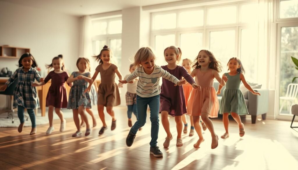 A group of children, ranging in age from toddlers to pre-teens, are dancing joyfully in a sun-dappled, open-concept living room. Soft, warm lighting filters through large windows, casting a gentle glow on their carefree movements. The children move to an upbeat, rhythmic melody, their faces filled with laughter and delight as they twirl, jump, and sway in unison. In the foreground, a parent or caregiver joins the dance, guiding and encouraging the children, their own body language exuding a sense of playfulness and connection. The overall scene radiates a feeling of warmth, togetherness, and the pure, unbridled happiness that comes from the simple act of dancing with kids.