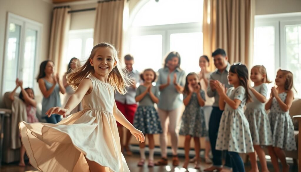 A joyful scene of children and parents dancing together in a sun-dappled, cozy living room. In the foreground, a young girl twirls gracefully, her dress flowing, with a beaming smile. Surrounding her, a group of children of various ages clap and sway to an upbeat, rhythmic melody. In the middle ground, parents and guardians join in the dance, their faces alight with laughter and connection. The background is softly blurred, suggesting a warm, homely atmosphere filled with warmth and togetherness. Diffused natural light filters through large windows, casting a gentle glow on the intimate gathering. The overall mood is one of unbridled happiness, highlighting the benefits of dancing as a means of bonding and creating cherished memories with loved ones.