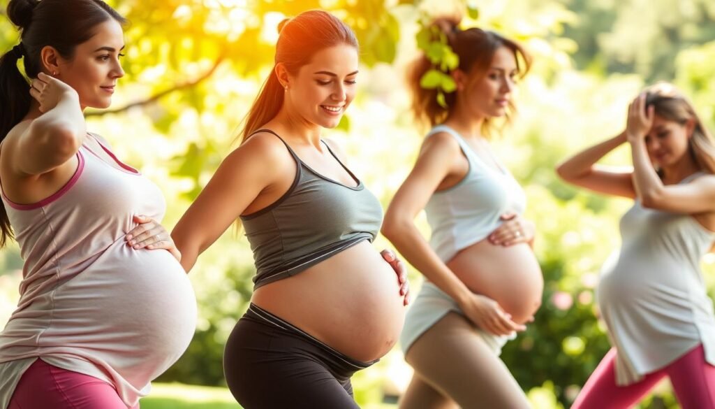 A lush, warm-toned scene depicting a group of three pregnant women performing gentle prenatal exercises in a serene outdoor setting. The women, with youthful, All-American features, are dressed in lightweight, summery activewear, their curves and swelling bellies accentuated by the soft, flattering lighting. They move with fluid, graceful motions, their expressions peaceful and focused. The background is a verdant, sun-dappled landscape, hinting at a tranquil park or garden setting. The overall mood is one of calm, nourishing energy, reflecting the "Essential Warm-Up Techniques" for a glowing pregnancy.
