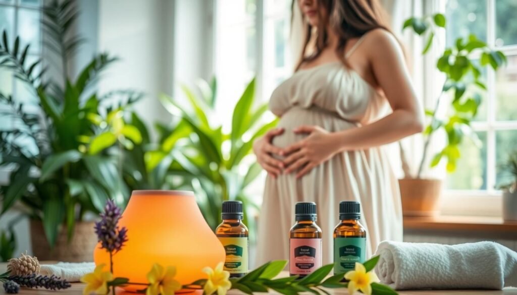 A picturesque scene of a tranquil home spa setting, with an arrangement of essential oil bottles and diffuser in the foreground, showcasing a variety of therapeutic oils. In the middle ground, a young, radiant mother-to-be, dressed in a flowing summer dress, her hands gently resting on her pregnant belly, exuding a serene glow. Soft, natural lighting filters through the windows, casting a warm, soothing ambiance. The background features lush, verdant houseplants, creating a calming, rejuvenating atmosphere. Subtle hints of lavender, bergamot, and ylang-ylang scents waft through the air, promoting a sense of tranquility and well-being.