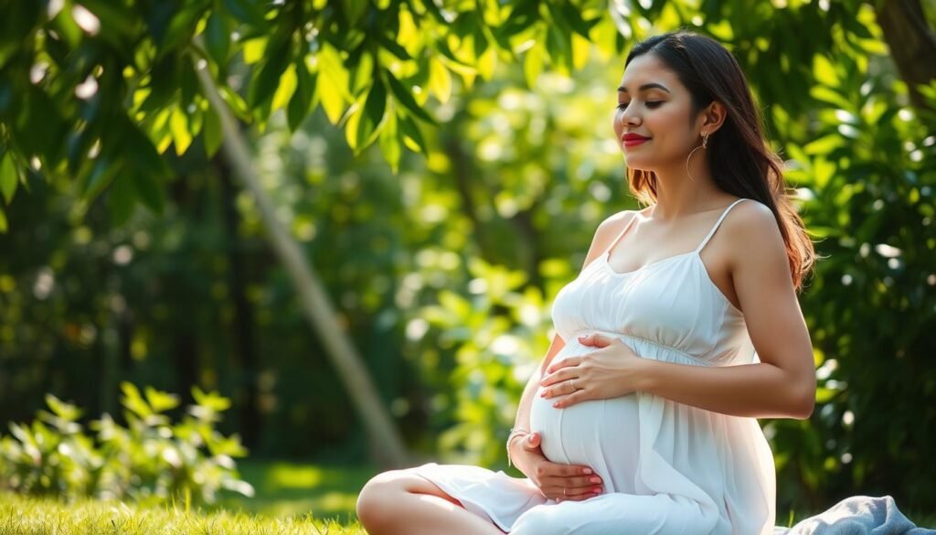 A pregnant woman in a flowing white sundress sits peacefully in a sunlit garden, her hands gently resting on her belly. Gentle sunbeams filter through swaying leaves, casting a serene glow on her face. She exudes an aura of calm, her expression tranquil as she practices deep breathing exercises. The lush, verdant foliage in the background creates a sense of rejuvenation and tranquility, inviting the viewer to find their own moment of respite amidst the stresses of pregnancy.