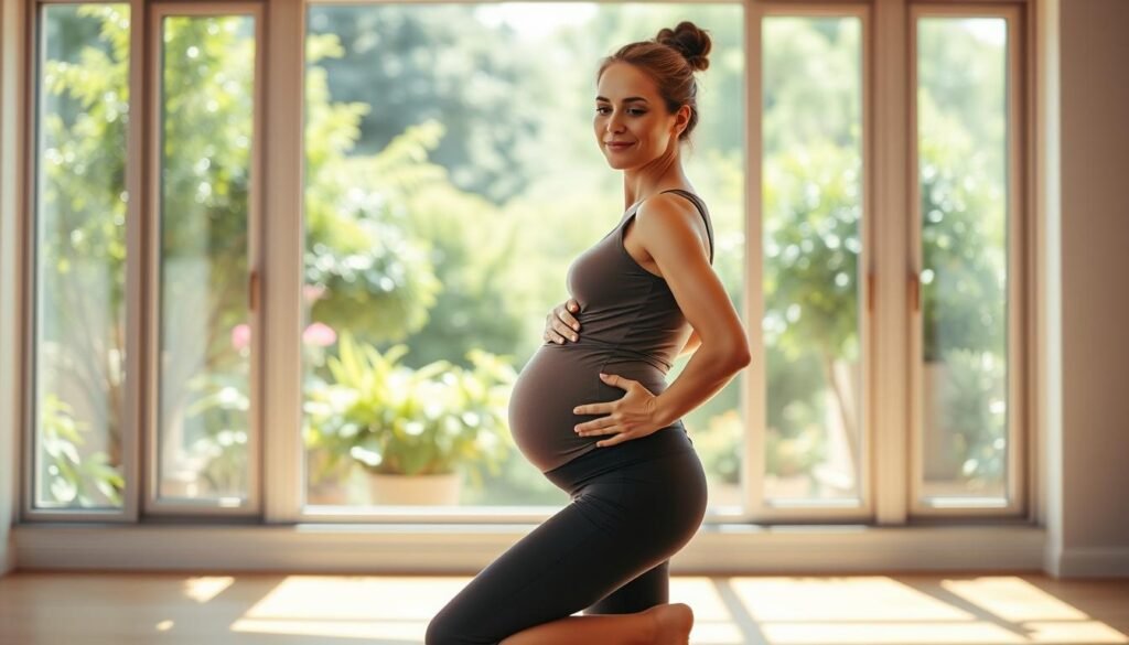 A pregnant woman in a spacious, sun-drenched studio, wearing a sleeveless top and yoga pants. She stands with perfect posture, one hand gently resting on her baby bump as she gracefully performs a prenatal yoga pose. Her expression is serene, with a soft smile reflecting the calmness of her practice. Behind her, a floor-to-ceiling window offers a beautiful view of a lush, verdant garden. Warm, natural lighting filters through, casting a gentle glow on the scene. The atmosphere is one of tranquility and mindfulness, perfectly capturing the essence of safe, beneficial exercise during pregnancy.