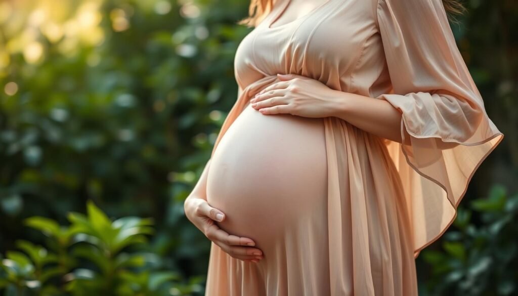 A pregnant woman with delicate features stands in a serene garden, her hand gently caressing her belly. Soft, diffused lighting casts a warm glow, accentuating the curves of her figure. She wears a flowing, lightweight dress that gracefully drapes over her growing abdomen. The background features lush, verdant foliage, creating a tranquil and nurturing atmosphere. The woman's expression is one of calm introspection, reflecting the importance of seeking professional advice during this transformative period.