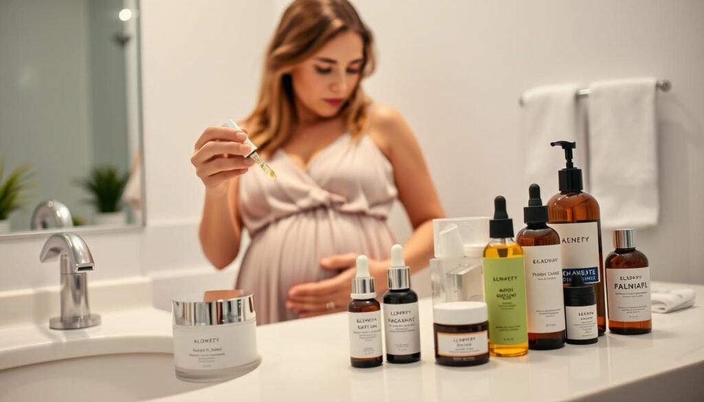 A pristine bathroom counter showcasing an assortment of pregnancy-safe beauty products. In the foreground, a radiant young mother-to-be with soft, glowing skin and warm, natural features examines a serum bottle, her curvy silhouette framed by a flowing summery dress. On the counter, an array of skincare staples including moisturizers, face masks, and nourishing oils are artfully arranged, their packaging clean and minimalist. Soft, diffused lighting casts a warm glow over the scene, creating an atmosphere of tranquility and self-care. The overall mood conveys the benefits of using pregnancy-safe products for a vibrant, healthy complexion.