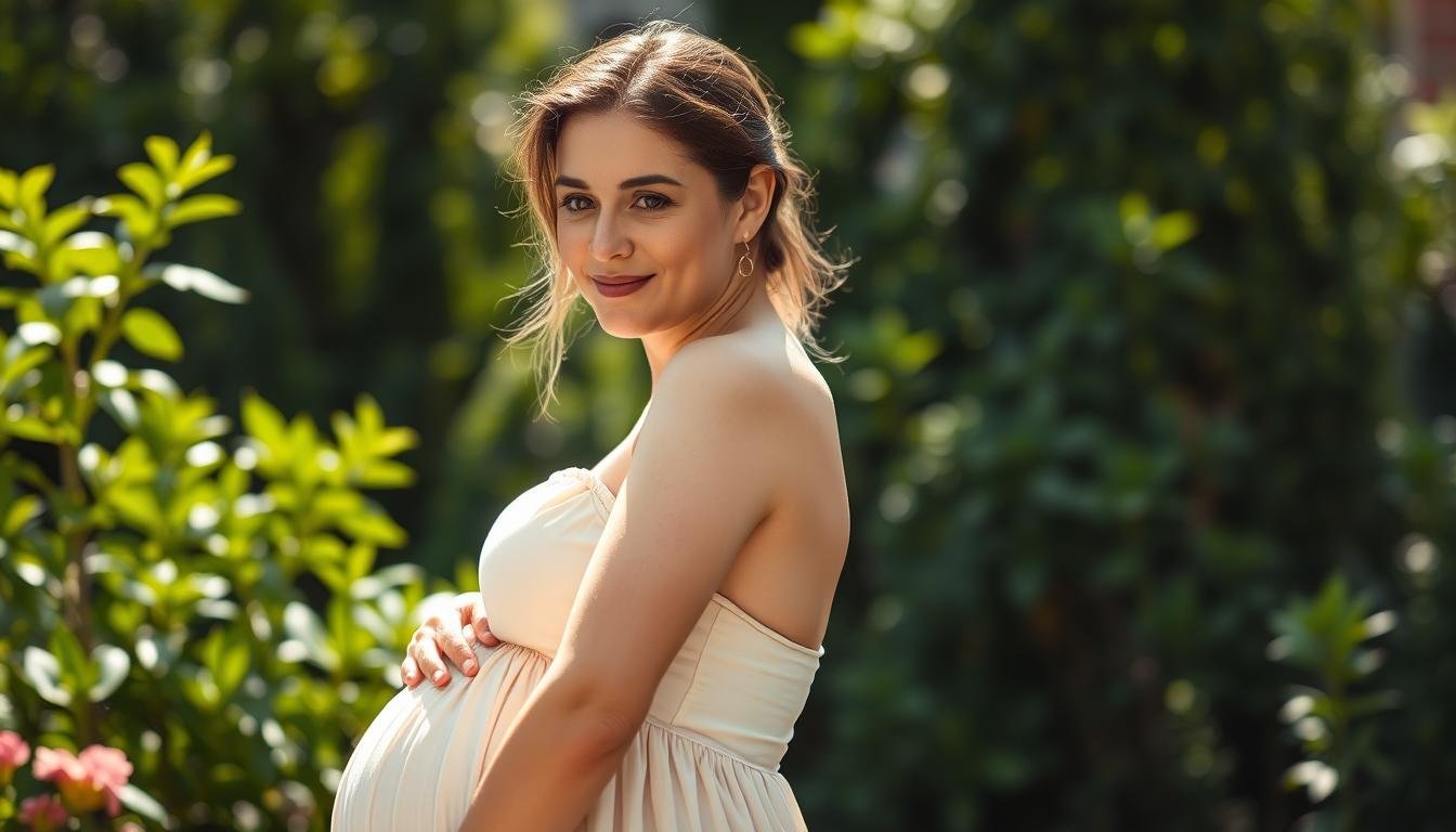 A radiant pregnant woman with glowing, luminous skin stands in a sun-dappled garden, her curvy figure accentuated by a soft, flowing sundress. Gentle, warm light caresses her face, highlighting her delicate features and the subtle pregnancy glow. Her expression is serene, reflecting the inner peace and joy of this special time. The lush, verdant foliage in the background creates a natural, calming atmosphere, complementing the woman's tranquil presence. A shallow depth of field softens the edges, drawing the viewer's focus to the woman's face and her luminous, healthy complexion.