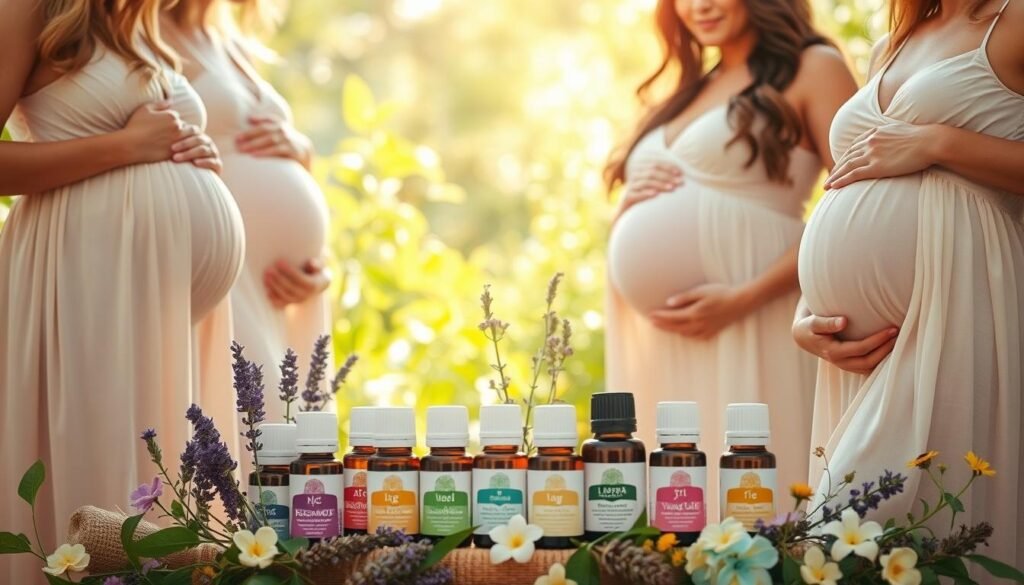 A serene and radiant scene depicting young pregnant mothers surrounded by a bountiful arrangement of essential oils. The foreground features several slender, ethereal women in flowing summer dresses, their hands gently cradling their baby bumps. The middle ground showcases a variety of essential oil bottles, their labels highlighting popular pregnancy wellness blends like lavender, bergamot, and ylang-ylang. In the background, a soft, natural light filters through lush greenery, creating a tranquil, spa-like atmosphere. Warm, golden tones and a sense of tranquility permeate the image, reflecting the nurturing and rejuvenating powers of these natural remedies.