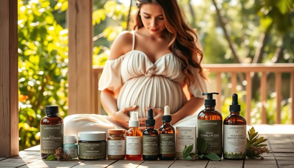 A serene and tranquil scene of a young mother-to-be sitting on a sun-dappled porch, gently cradling a selection of organic skincare products. The foreground features an array of natural, plant-based skincare items in earthy tones, including moisturizers, cleansers, and serums. The middle ground showcases the pregnant woman, her features radiating a natural, glowing beauty, dressed in a flowing, pastel-colored summer dress. The background depicts a lush, verdant garden, with soft, dappled light filtering through the leaves, creating a warm and inviting atmosphere. The overall mood is one of gentle relaxation, wellness, and the joyful anticipation of motherhood.