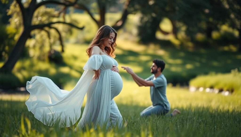 A serene scene of a young, pregnant woman gently stretching in a sun-dappled meadow, her flowing dress and soft curls framing a serene, glowing expression. In the middle ground, her partner kneels nearby, offering a supportive hand as they practice mindful, prenatal exercises together. The background features a lush, verdant landscape with towering trees and a tranquil, babbling brook, creating a sense of peaceful, natural harmony. Soft, warm lighting accentuates the couple's connection and the mother-to-be's radiant, maternal beauty.