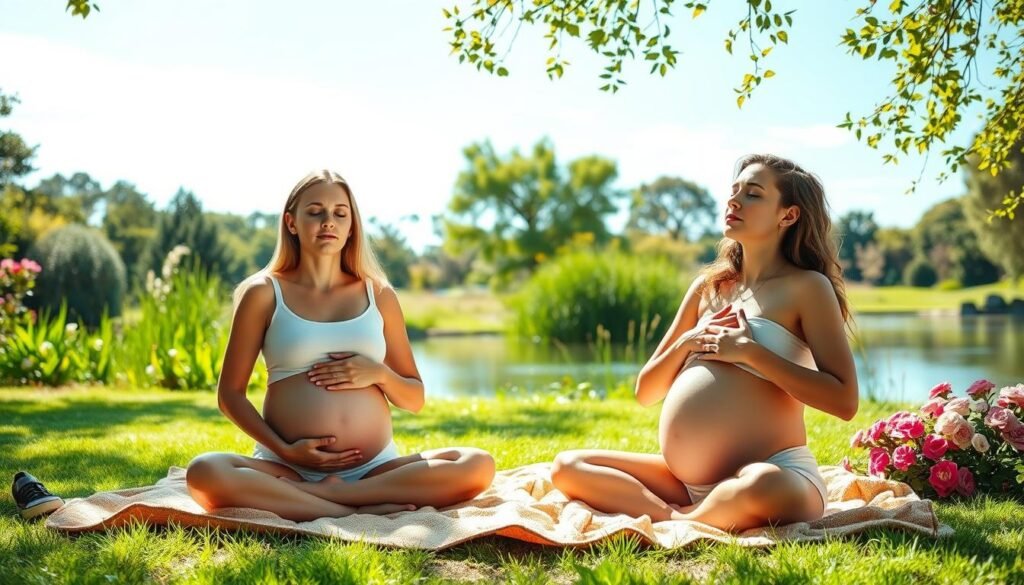 A serene, sun-dappled garden, lush with verdant foliage and blooming flowers. In the foreground, two young, radiant mothers-to-be sit cross-legged on a plush picnic blanket, their eyes closed, hands resting gently on their swollen bellies. Soft, natural lighting bathes their faces in a warm, soothing glow, as they practice deep, mindful breathing, immersed in the tranquility of the moment. Behind them, a tranquil pond reflects the azure sky, while a gentle breeze rustles the leaves of the surrounding trees. The overall atmosphere is one of profound calm and inner peace, perfectly capturing the spirit of "Mindfulness Techniques for Stress Reduction" during a glowing pregnancy.