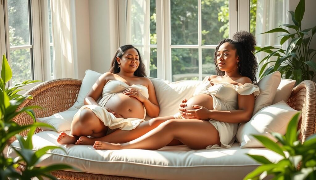A serene, sun-dappled scene of two graceful, curvy pregnant women lounging comfortably on a plush daybed, their faces radiating a healthy, glowing complexion. The women, dressed in lightweight, airy summer attire, are surrounded by lush, verdant foliage and soothing pastel tones that create a calming, tranquil atmosphere. Soft, diffused lighting emanates from the windows, gently illuminating the women's features and accentuating their tranquil, rejuvenated expressions. The overall composition evokes a sense of harmony, vitality, and the restorative benefits of quality sleep during pregnancy.