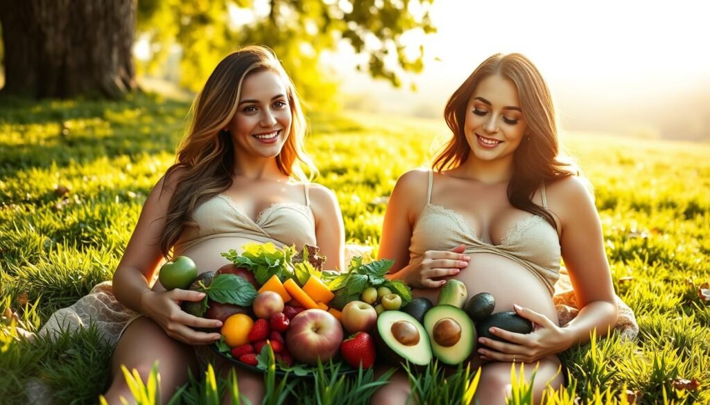 A serene, sun-dappled scene of two radiant, pregnant women lounging on a lush, verdant lawn. Their glowing skin is accentuated by the warm, diffused lighting, capturing their youthful American features and curvy, slim figures. In the foreground, they hold an array of vibrant, nutrient-rich foods - juicy berries, leafy greens, and creamy avocados - symbolizing the vital role of balanced nutrition in maintaining skin health during pregnancy. The middle ground features an elegant display of essential vitamins and minerals, while the background showcases a tranquil, pastoral landscape, evoking a sense of harmony and well-being.
