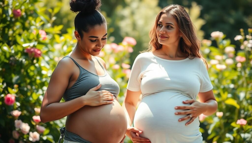 A serene, sun-dappled scene of two radiant pregnant women standing in a lush garden, their skin glowing with a healthy, hydrated sheen. Soft natural light caresses their features, casting gentle shadows and highlighting the vibrancy of their complexions. In the foreground, one woman tenderly applies a nourishing cream to her belly, while the other gazes out with a tranquil expression, her hand resting protectively on her own growing bump. The verdant foliage and blooming flowers in the background create a soothing, nurturing atmosphere, conveying the transformative power of hydration and self-care during pregnancy.