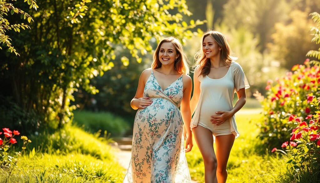 A serene, sun-dappled scene of two young, expectant mothers enjoying a leisurely stroll through a lush, verdant garden. Their faces radiate an effortless, pregnancy glow as they bask in the warm, golden light. One woman, dressed in a flowing, floral sundress, gently rests her hand on her subtly rounded belly, while the other, in a loose, comfortable top and shorts, walks alongside her, exchanging a warm smile. The background is filled with vibrant, blooming flowers and a tranquil, babbling brook, creating a calming, rejuvenating atmosphere that embodies the "Lifestyle Changes to Promote Relaxation" theme.