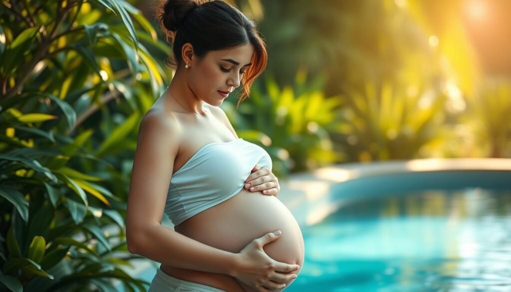 A serene, sunlit scene of a young, expectant mother tenderly cradling her belly, surrounded by lush foliage and a serene, reflective pool. Her expression is one of calm concentration as she contemplates the importance of hydration during this pivotal stage of her child's development. The lighting is soft and diffused, creating a warm, tranquil atmosphere that invites the viewer to pause and consider the profound connection between a mother's well-being and her baby's growth. The composition is balanced and harmonious, with the mother's form at the center, framed by the natural elements that symbolize the life-sustaining power of water.