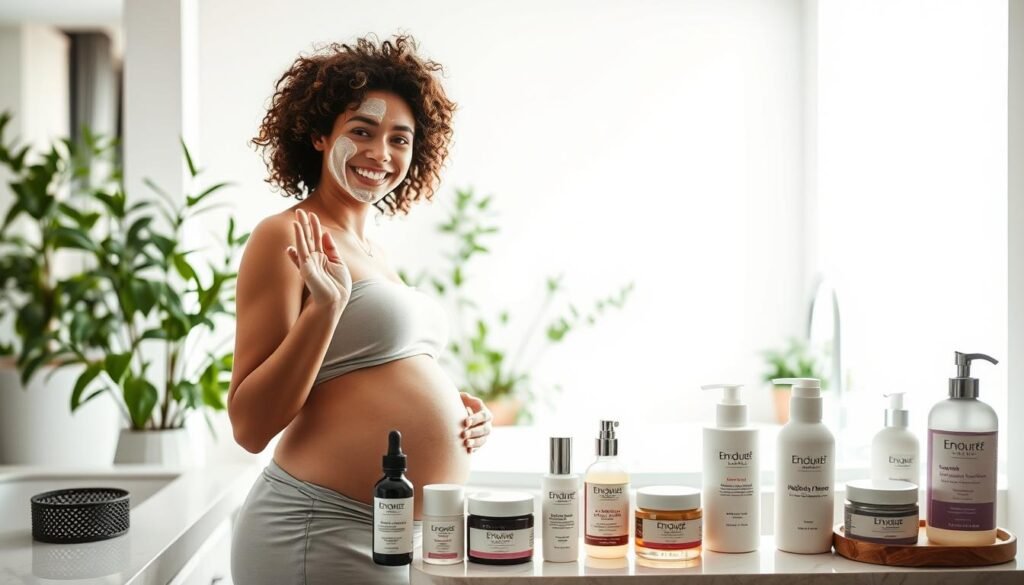 A serene, well-lit bathroom setting with a vanity showcasing various skincare products. In the foreground, a young, expectant American woman with curly hair and a radiant smile stands, applying a nourishing face mask. Behind her, a spacious tub adorned with lush greenery casts a calming ambiance. The middle ground features an array of bottles and jars - hydrating serums, gentle cleansers, and soothing lotions - all tailored for the unique needs of a pregnant complexion. Soft, diffused lighting from a large window illuminates the scene, creating a sense of tranquility and self-care. The overall mood is one of pampering, wellness, and a glowing, healthy pregnancy.